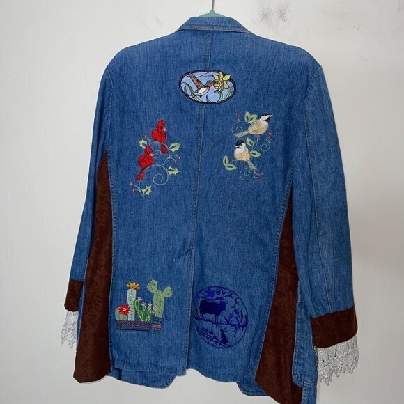 Lee Set Vintage Womens Blazer Size Large Upcycled Denim Patch Embroidered Lace - Picture 14 of 16